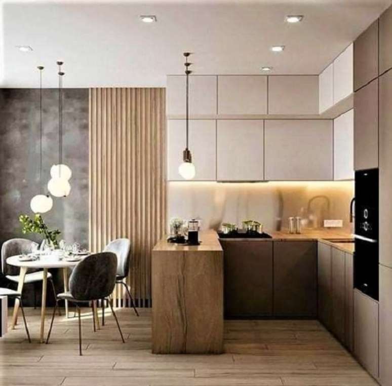 43. Porcelanato ripado na cozinha americana feita com arm&aacute;rios pequenos &ndash; Foto Theme Interiors