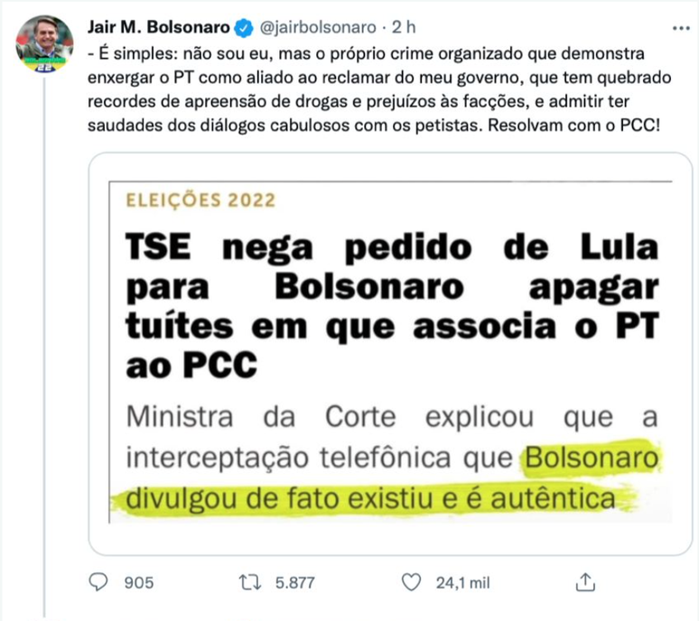 Print de tweet exclu&iacute;do de Bolsonaro associando PT ao PCC em 24 de agosto