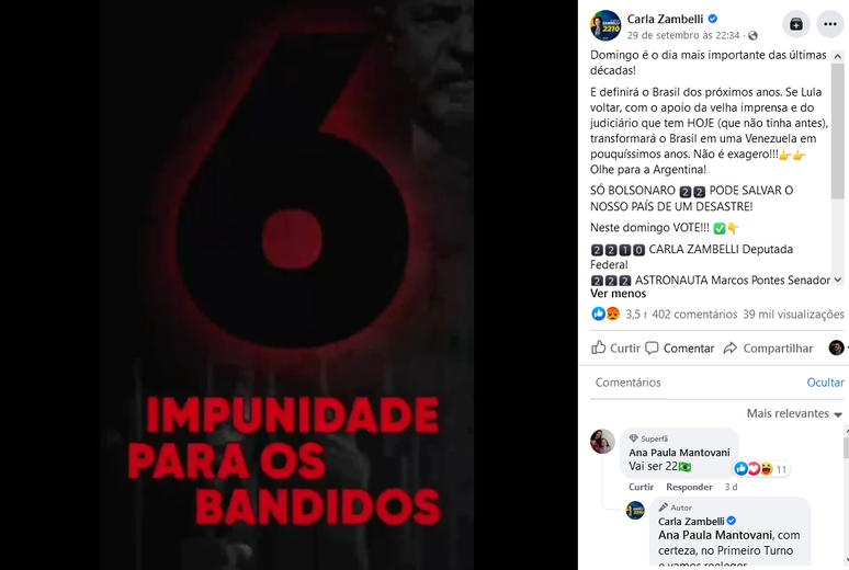 Print mostra que deputada federal Carla Zambelli publicou v&iacute;deo enganoso no momento em que o debate ocorria