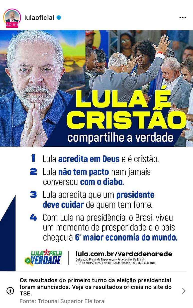 Perfil oficial de Lula no Instagram desmente fake news de pacto com o diabo/Reprodução