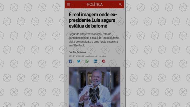 Imagem simula reportagem do G1 jamais publicada com a alegação falsa de que Lula segura estátua da entidade pagã Baphomet