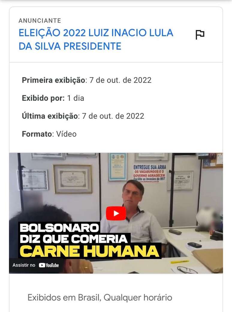 Anúncio do PT no YouTube associa Bolsonaro a canibalismo