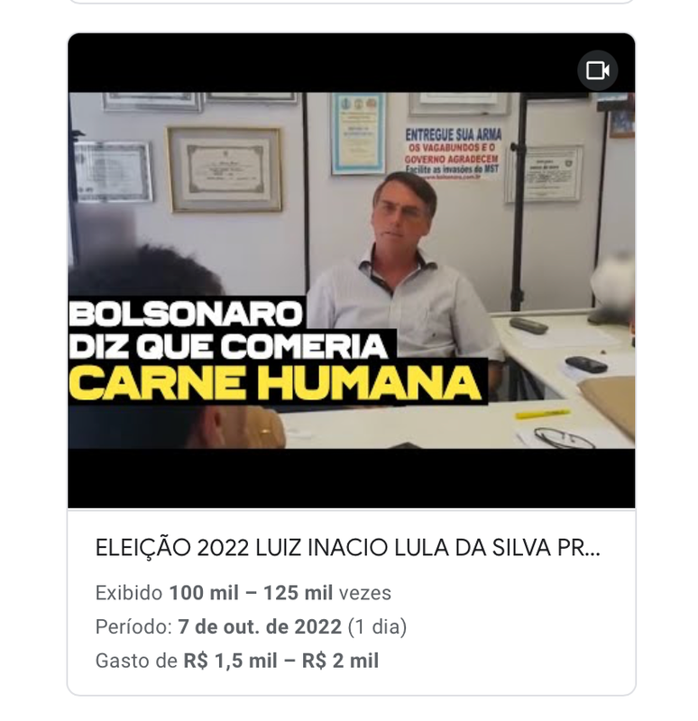 Anúncio do PT no YouTube associa Bolsonaro a canibalismo