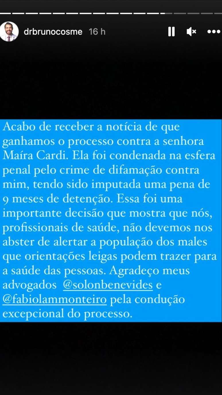 Stories de médico que processou Maíra Cardi