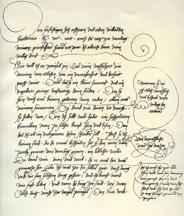 Rascunho da dedicat&oacute;ria do artista Albrecht Durer ao advogado e escritor Willibald Pirkheimer, ambos alem&atilde;es, escrita em cerca de 1523