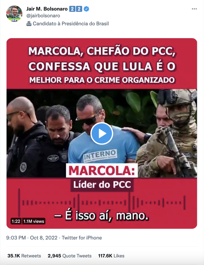Bolsonaro afronta TSE e faz post vinculando Lula ao PCC