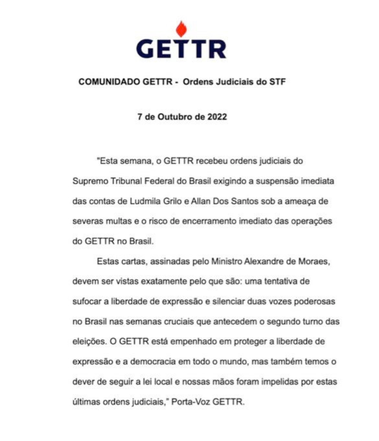 Gettr cumpre decis&atilde;o judicial e bane conta de Allan dos Santos