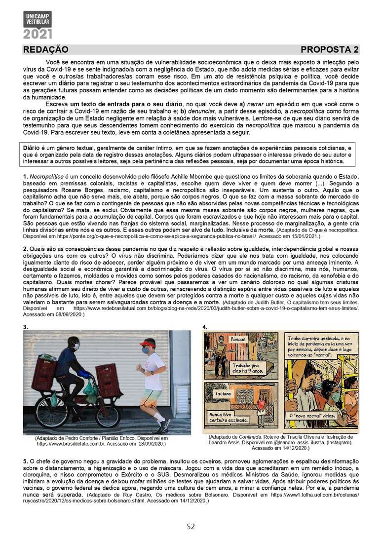 Proposta de reda&ccedil;&atilde;o da Unicamp 2021 teve a necropol&iacute;tica como um dos conceitos que poderiam ser trabalhados.