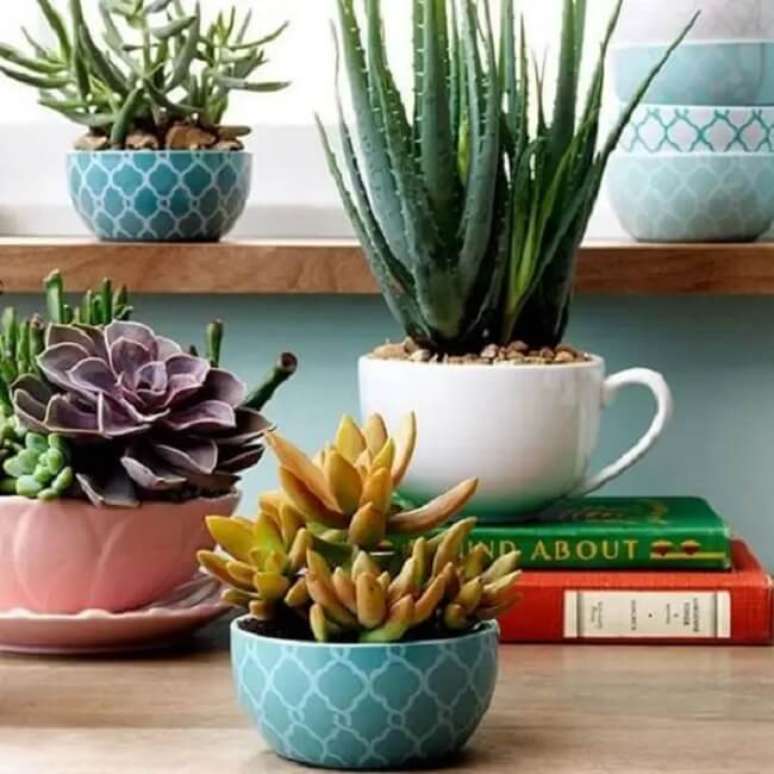 14. Separe diversas x&iacute;caras e forme lindos arranjo de mesa com suculentas. Fonte &ndash; Artesanato Total