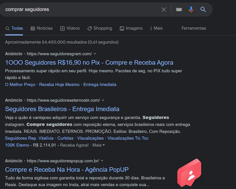 Resultado do Google para compra de seguidores em redes sociais