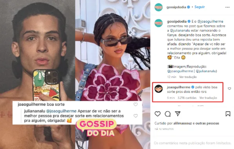 Jo&atilde;o Guilherme comentou post sobre relacionamento de Juliana com West