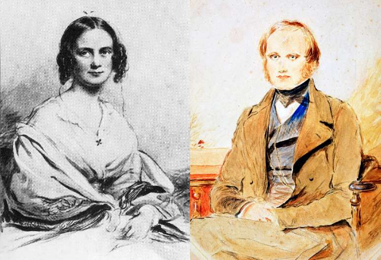 Emma Wedgwood e seu primo Charles Darwin, retratados na juventude. Eles se casaram e tiveram 10 filhos