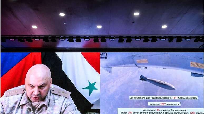 Serguéi Surovikin en una teleconferencia durante la guerra en Siria.