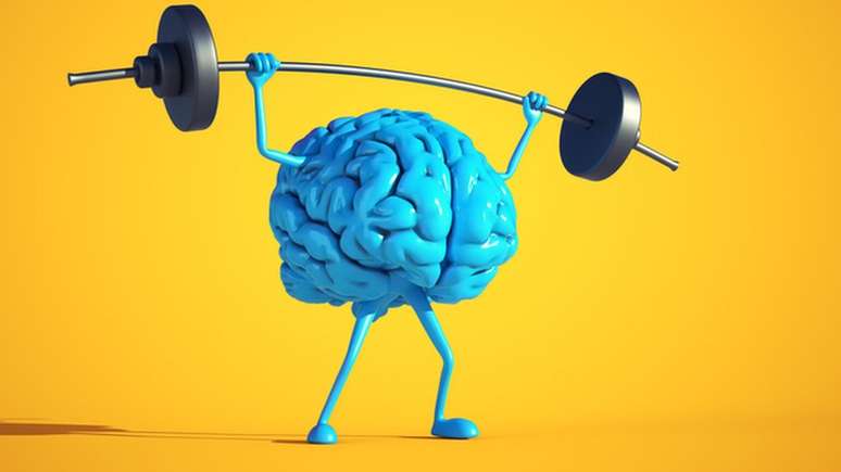 Ilustração de cérebro levantando peso