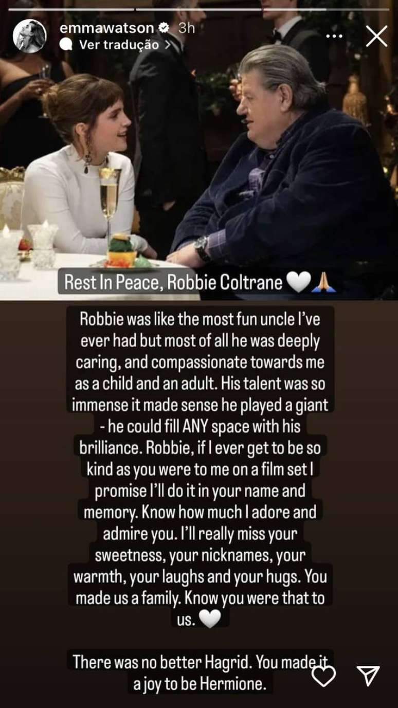 Emma Watson publicou uma homenagem a Robbie Coltrane em seu Instagram após a morte do ator.