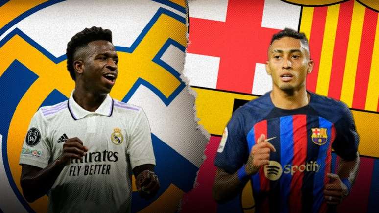 Vini Jr e Raphinha são esperanças de Real Madrid e Barcelona no clássico espanhol (Arte: J. P. Soares / LANCE!)