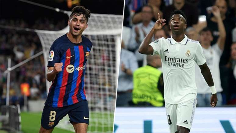 Pedri e Vinicius Jr. são os grandes destaques dos times para o clássico jovem (JOSEP LAGO / AFP; Thomas COEX / AFP)