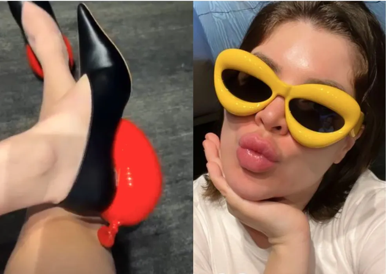 Sapato de salto alto em formato de bal&atilde;o e &oacute;culos escuro com aspecto infl&aacute;vel, ambos da grife Loewe &ndash; Fotos: Instagram/@gessicakayane