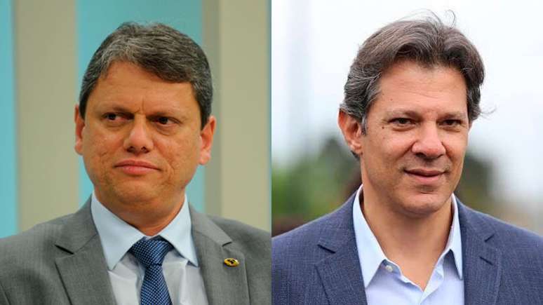 Imagem mostra os candidatos ao governo de São Paulo Tarcísio de Freitas (Republicanos), à esquerda, e Fernando Haddad (PT), à direita.