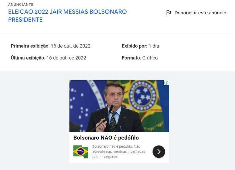 Anúncio da campanha de Bolsonaro impulsionado na plataforma Google/Reprodução