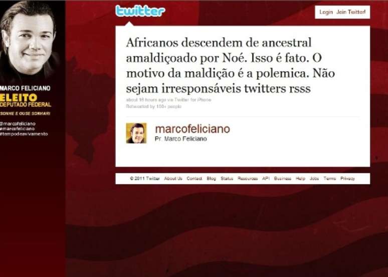 Pastor e deputado Marco Feliciano postou, em 2011, coment&aacute;rio ligando africanos ao mito de Cam