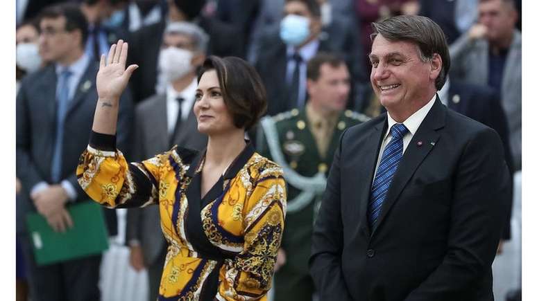 A primeira-dama, Michelle Bolsonaro, e o presidente Jair Bolsonaro em culto na Assembleia de Deus Ministério do Belém, na zona leste de São Paulo