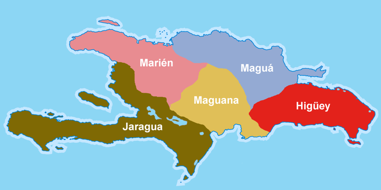 Os cinco cacicados da ilha de La Hispaniola na época da chegada de Colombo, registrados pelo historiador Bartolomeu de las Casas