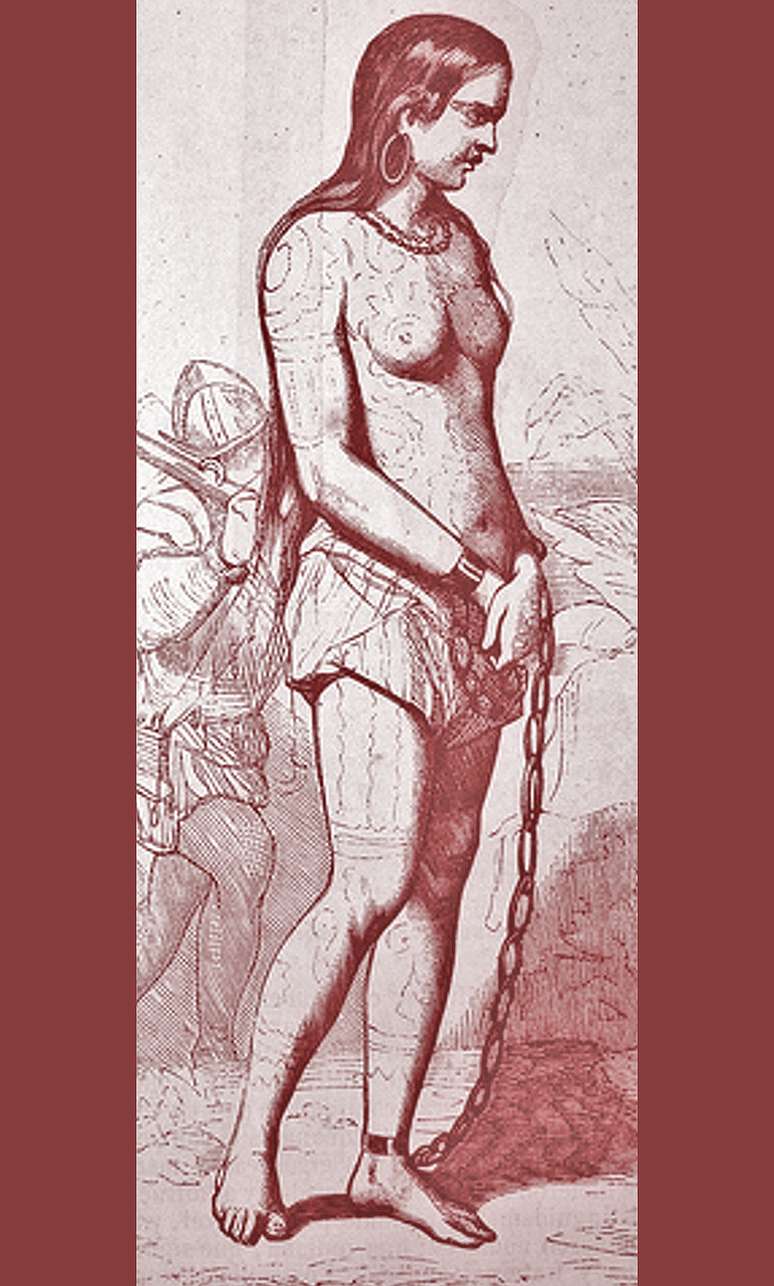 Anacaona capturada, em ilustração do livro 'Life and Voyages of Christopher Columbus', de Washington Irving