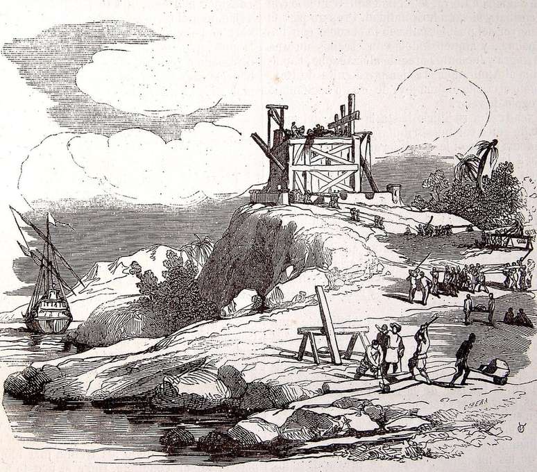 Ilustração da construção da Fortaleza de La Navidad. 'Vida y viajes de Cristóbal Colón', Gaspar e Roig, 1851