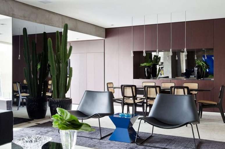 7. Ambiente integrado com cacto grande em vaso. Fonte &ndash; Suite Arquitetos