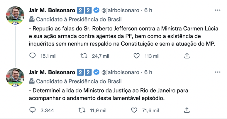 Twitter de Bolsonaro neste domingo.