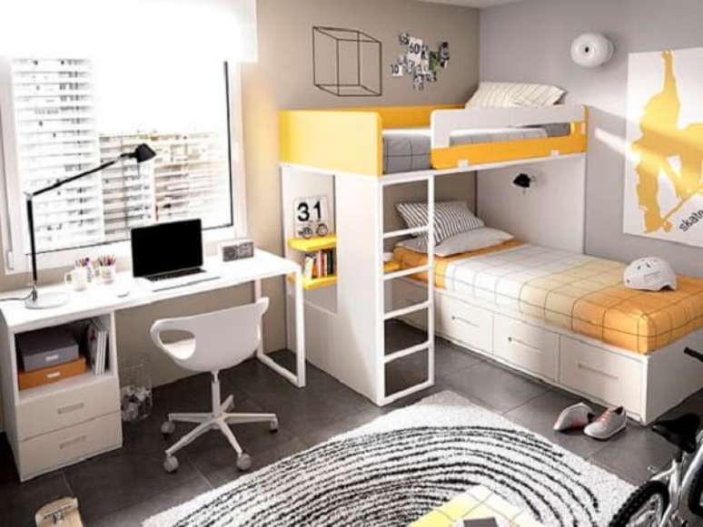 2. Beliche em l com mesa de estudo para quarto modulado amarelo e branco – Foto Decoracion Facilismo