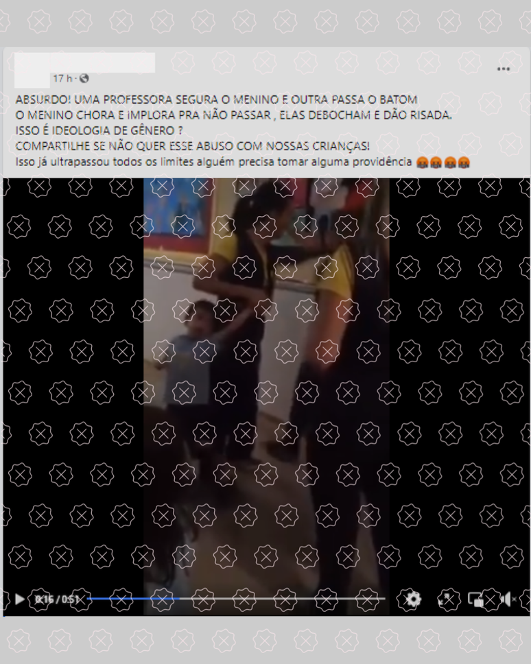 Reprodução do vídeo que mostra professoras forçando menino a tomar uma cápsula de ômega 3, não a passar batom