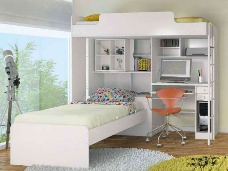 10. Beliche em L para quarto modulado feminino com nichos e prateleiras para organizar o ambiente – Foto Lojas KD