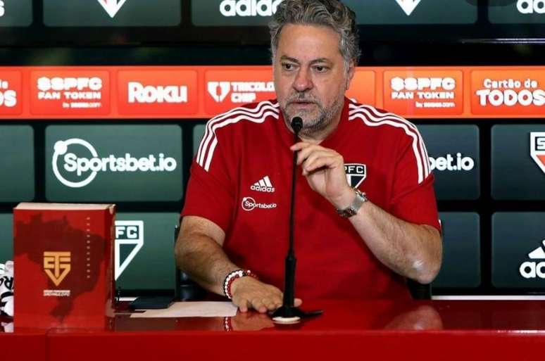 Julio Casares durante evento no CT da Barra Funda, em agosto (Foto: Reprodução/ São Paulo FC)