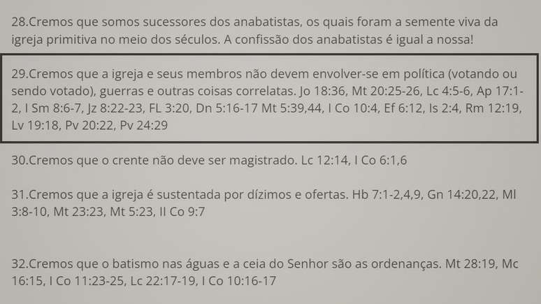 Trecho do credo da Igreja Batista Renovada Moria