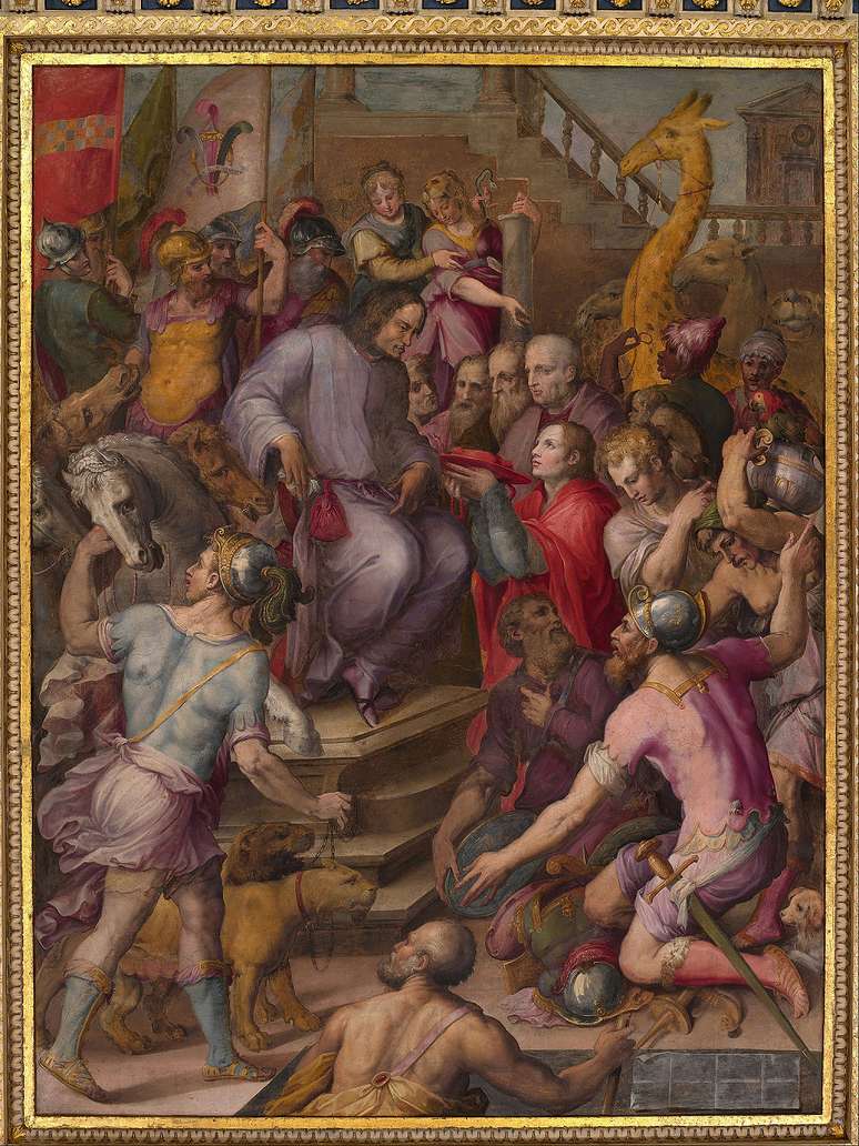 Os M&eacute;dici mantinham um zool&oacute;gico aberto ao p&uacute;blico que inclu&iacute;a esta girafa pintada no quadro de Giorgio Vasari