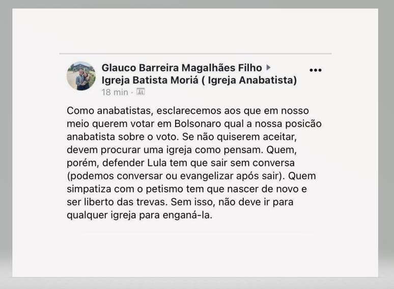 "Esclarecemos aos que em nosso meio querem votar em Bolsonaro qual é a nossa posição sobre o voto. Se não quiserem aceitar, devem procurar uma igreja como pensam. Quem, porém, defender Lula tem que sair sem conversa", diz Pastor em mensagem reproduzida em grupos de WhatsApp da igreja