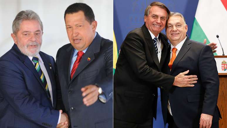 Lula com o venezuelano Hugo Chávez em 2010, e Bolsonaro com o húngaro Viktor Orbán em 2022