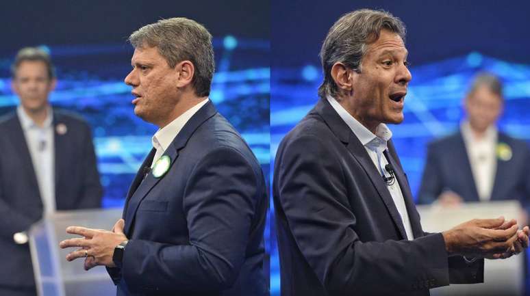 Tarcísio e Haddad durante o primeiro debate do segundo turno de 2022.