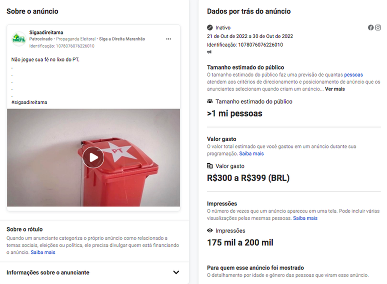 Print de anúncio veiculado pela página Siga Direita Maranhão contra o PT