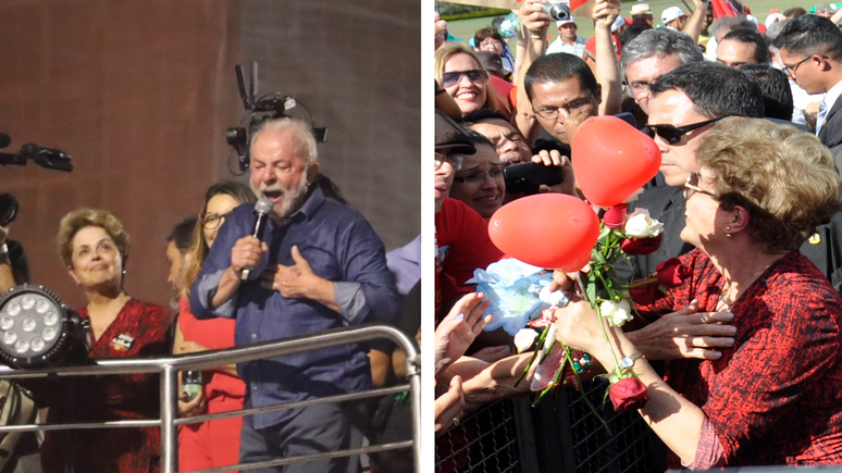 À esquerda, Dilma durante ato que celebração da vitória de Lula, na Avenida Paulista, em São Paulo, no domingo, 30; à direita, Dilma deixando o Palácio da Alvorada, em Brasília, em 2016. 