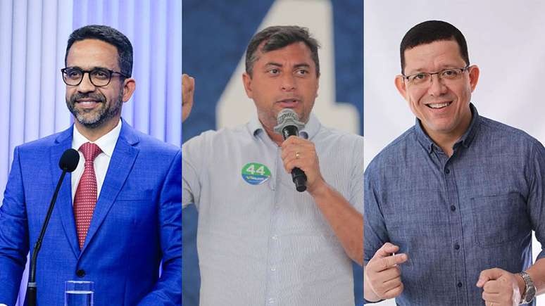 Imagem mostra Paulo Dantas (MDB), Wilson Lima (União) e Coronel Marcos Rocha (União), eleitos aos governos de Alagoas, Amazona e Rondônia, respectivamente.