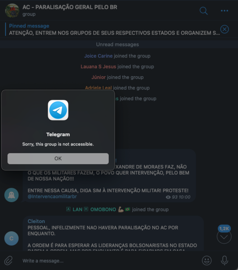 Telegram derruba dezenas de grupos sobre "paralisação geral"
