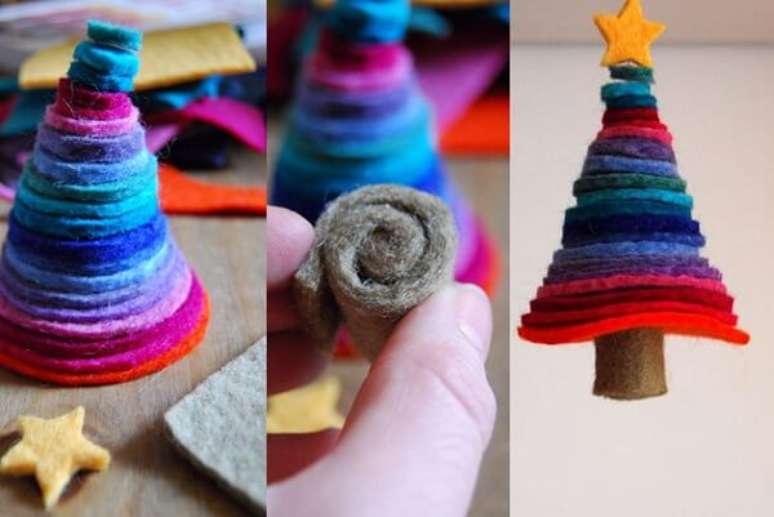 89. Mini &aacute;rvores feitas com c&iacute;rculos de feltro formam lindos arranjos de Natal &ndash; Fonte: Julia Cross Landart