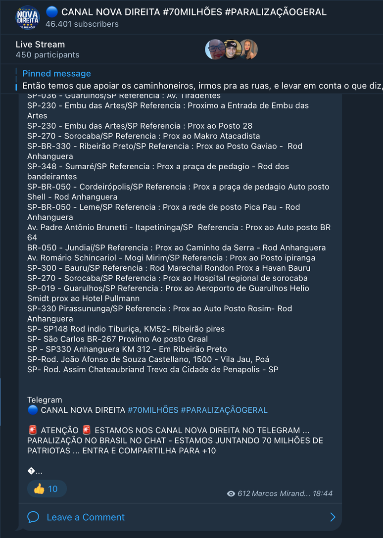 9 canais gigantes no Telegram que insistem em paralisação geral