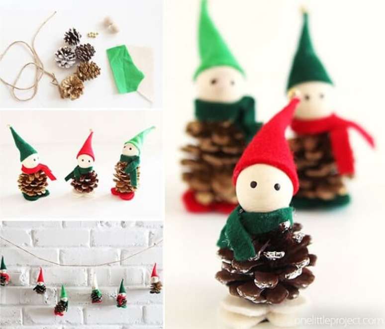 83. Arranjos de Natal feitos com bonequinhos de pinha &ndash; Fonte: One Little Project