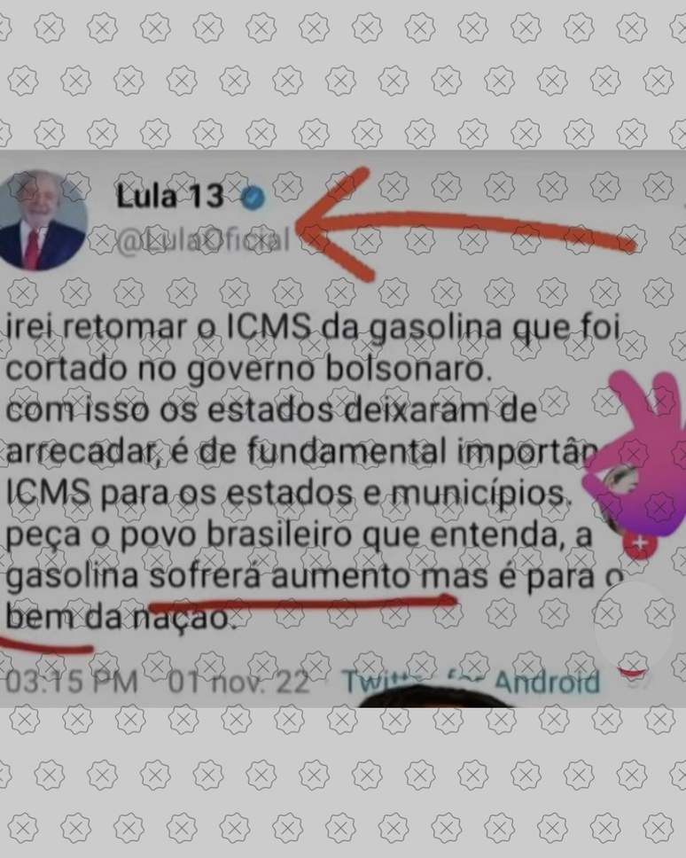 Reprodução de postagem falsa atribuída a Lula com as frases “irei retomar o ICMS da gasolina que foi cortado no governo Bolsonaro. com isso os estados deixaram de arrecadar, é de fundamental importância o ICMS para os estados e municípíos. peça o povo brasileiro que entenda, a gasolina sofrerá aumento mas é para o bem da nação”