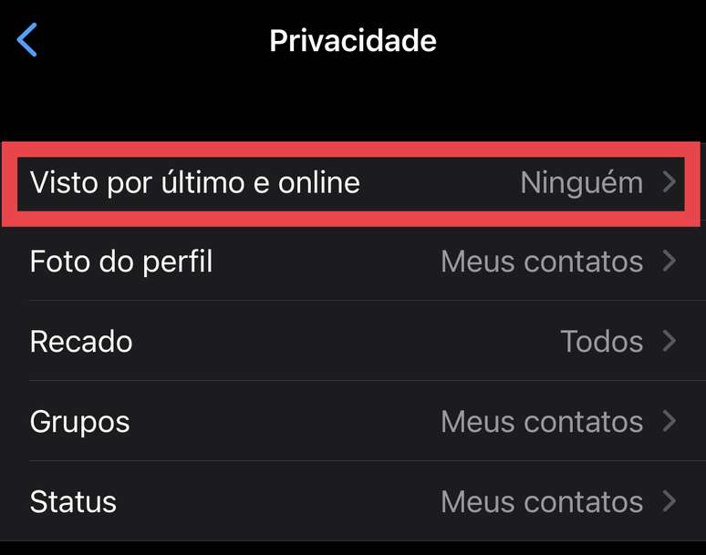 Em "Privacidade", há a opção "visto por último e online", onde é possível ocultar o status