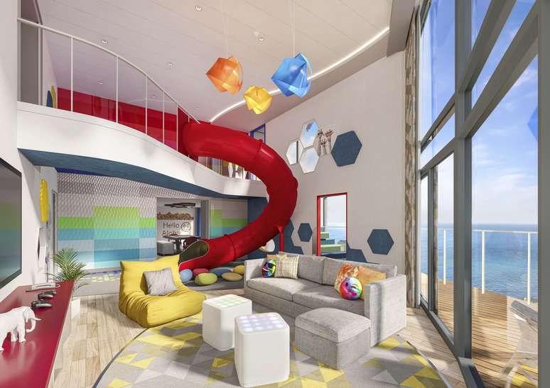 Várias acomodações do Icon of the Seas foram pensadas para famílias grandes, é o caso da Ultimate Family Townhouse, que terá três andares simulando uma casa.